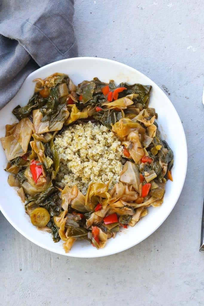 vegan gumbo z'herbes in a white bowl