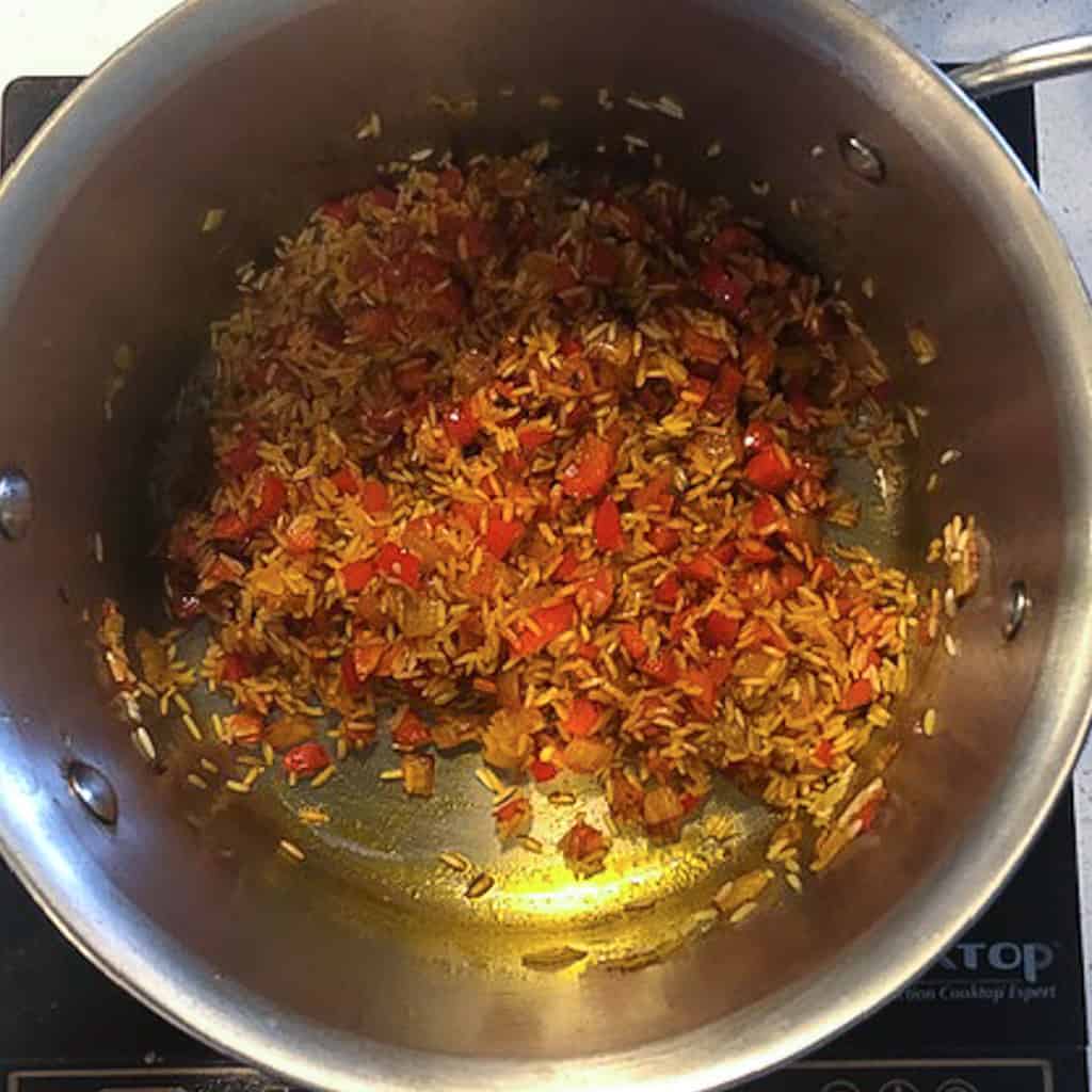 peppers and rice sauteing