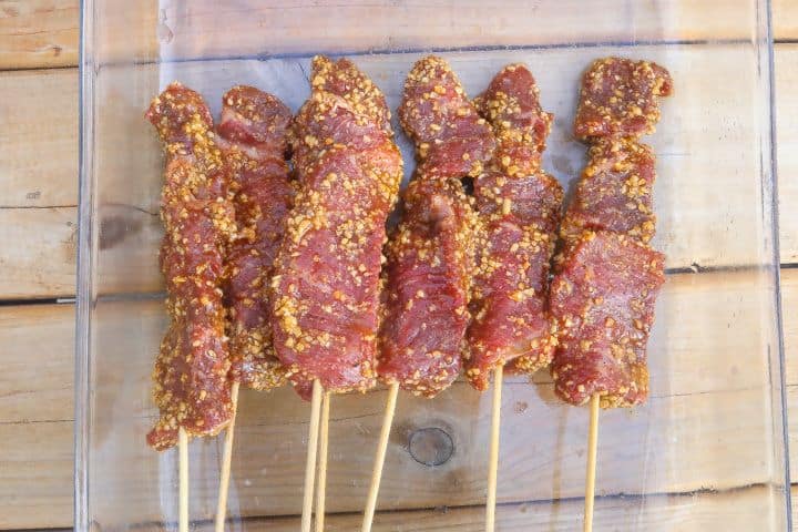 beef strips on wooden skewers