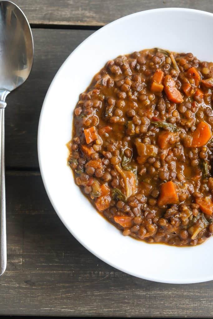 lentil stew in white bowl