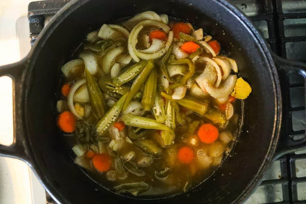 braising ingredients in a pot