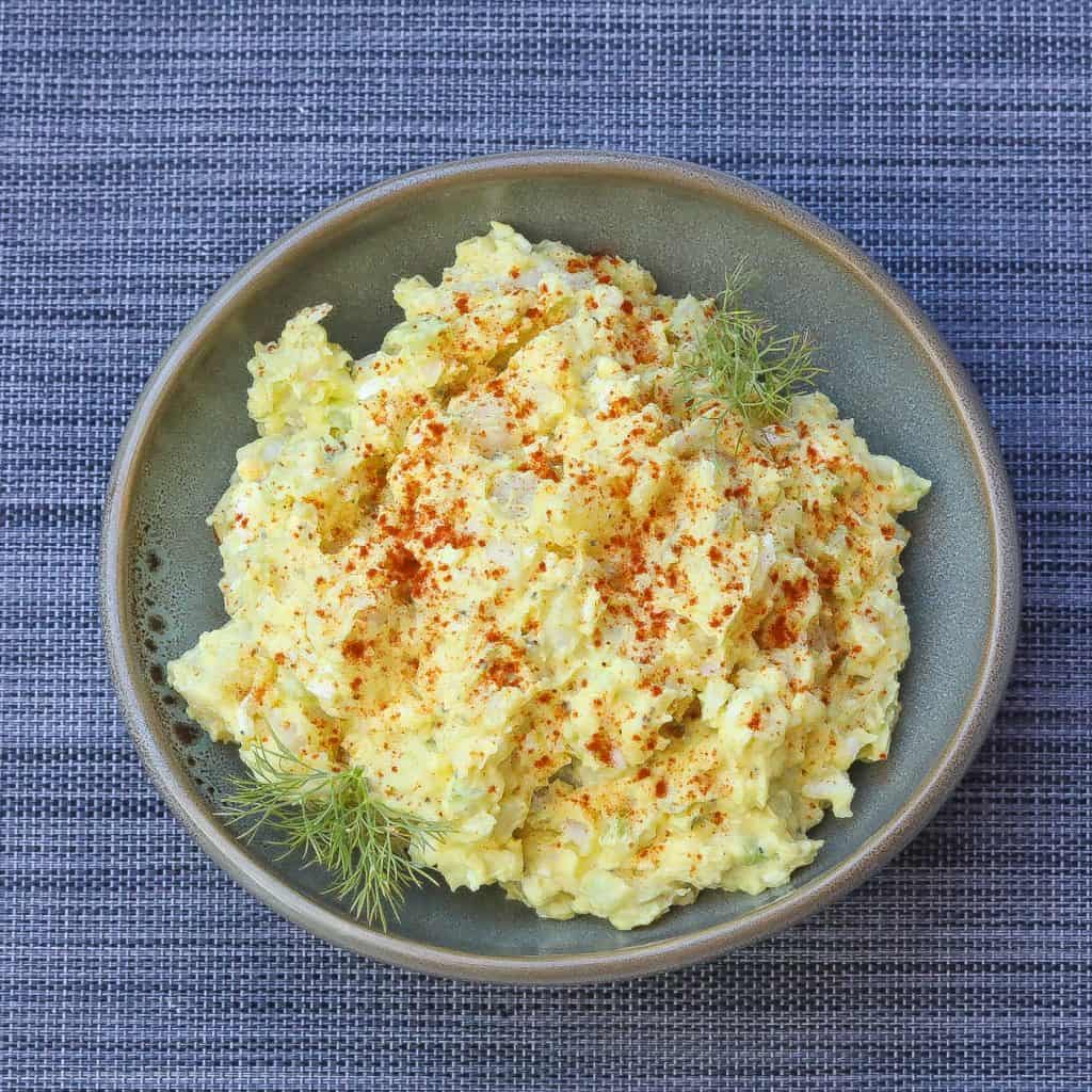 potato salad in green bowl