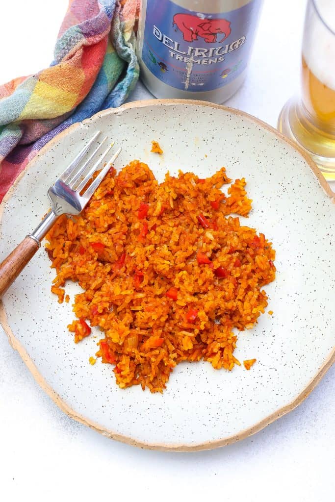 jollof rice on a light green bowl