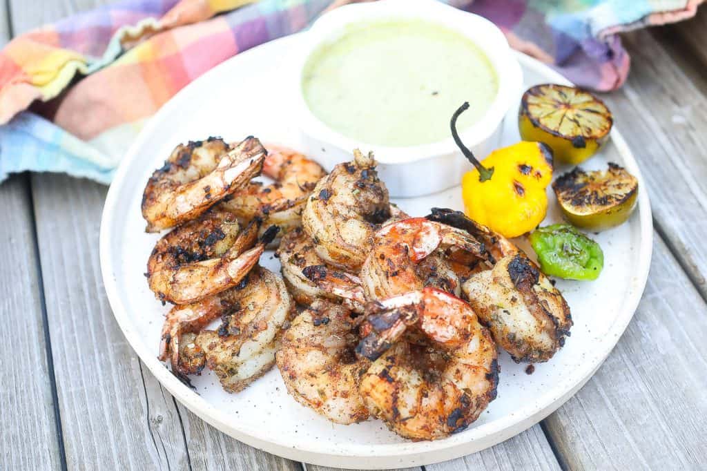 grilled jerk shrimp on white plate