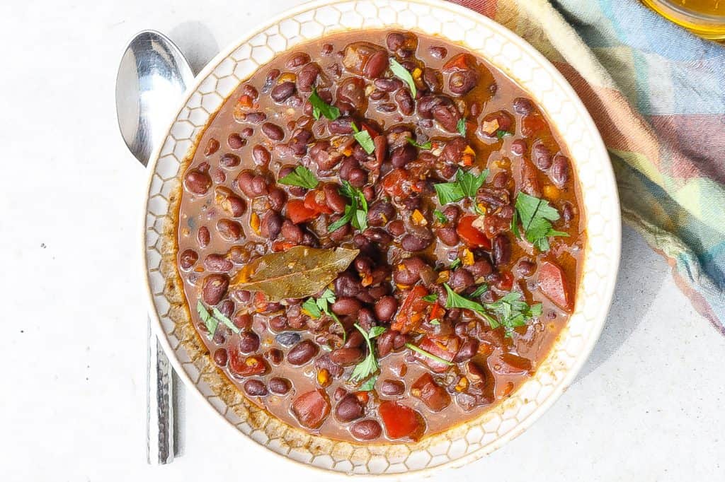 cuban black beans in a white bowl