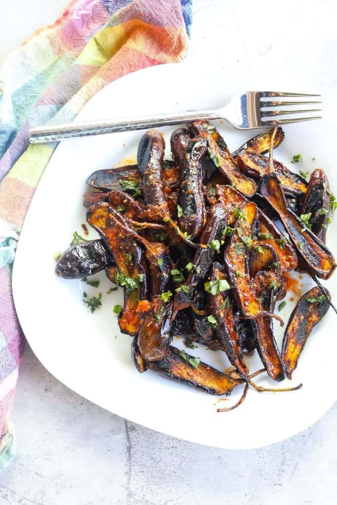 charred baby eggplant with harissa