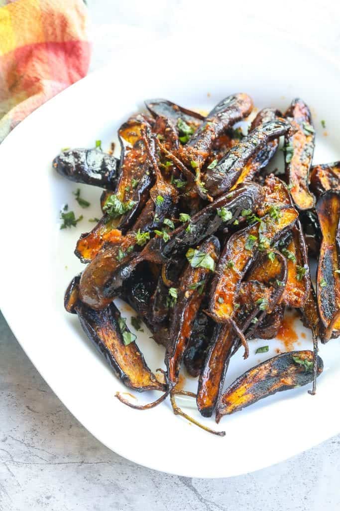 charred baby eggplant with harissa