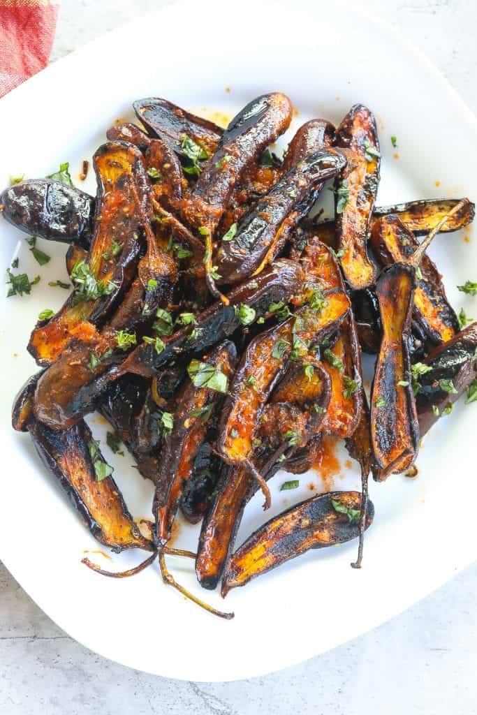 charred baby eggplant with harissa