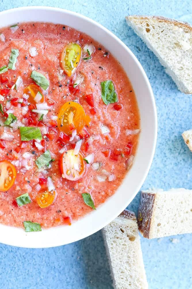 heirloom tomato gazpacho with basil and red onions