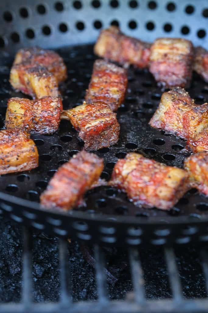 smoked pork belly burnt ends on grill