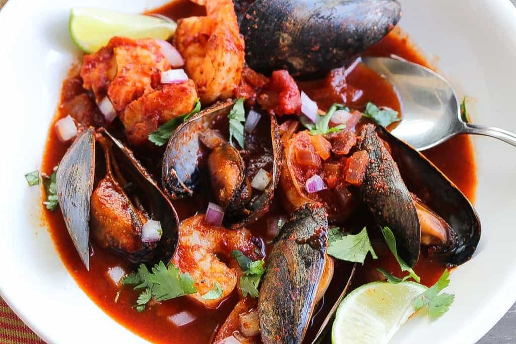 mexican seafood stew in a bowl