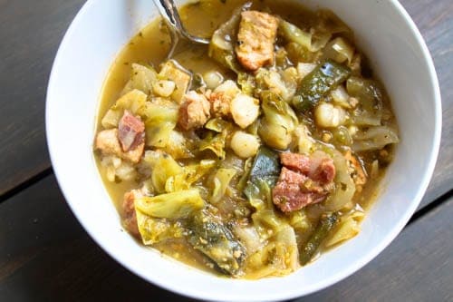 Cabbage poblano pozole soup in a bowl