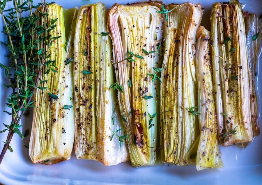 Roasted Leeks in white pan