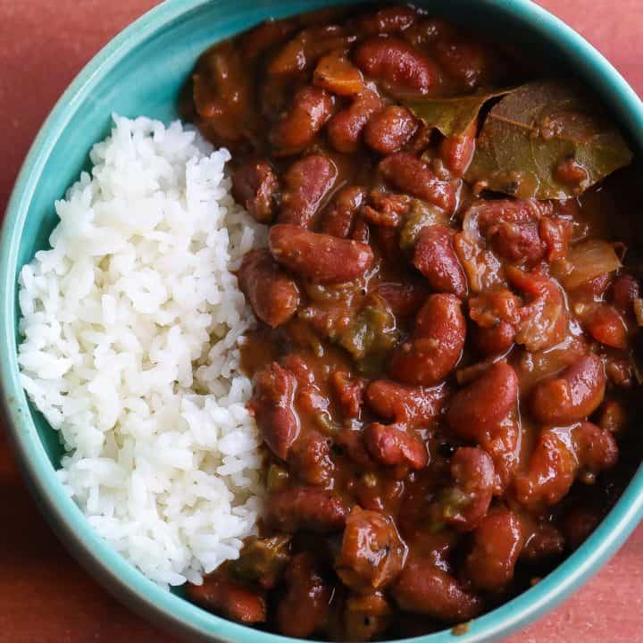 red beans and rice in blue bowl