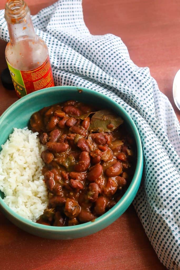 red beans and rice in blue bowl