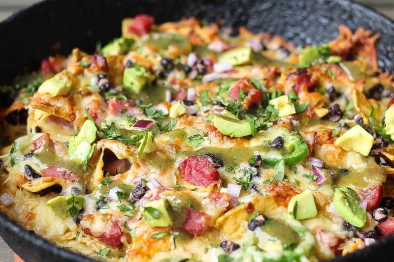 pork nachos with ham hocks in a skillet #nachos #appetizer www.foodfidelity.com