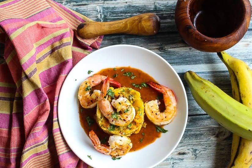 mofongo relleno topped with shrimp and red pepper sauce #shrimp #mofongo www.foodfidelity.com