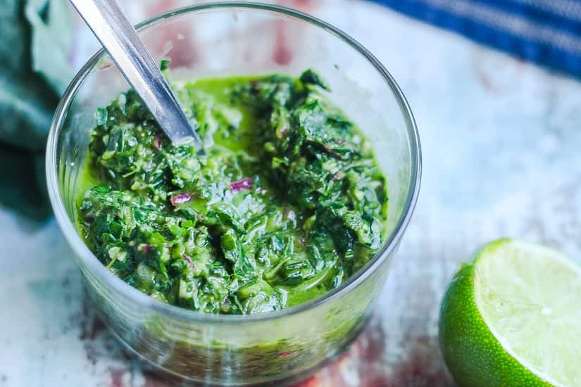 spinach chimichurri sauce in a small glass #chimichurri #sauce www.foodfidelity.com