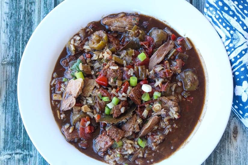 smoked duck and andouille gumbo in a bowl