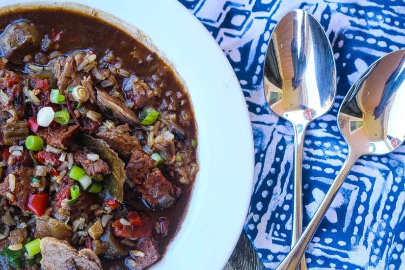 smoked duck and andouille gumbo in a bowl