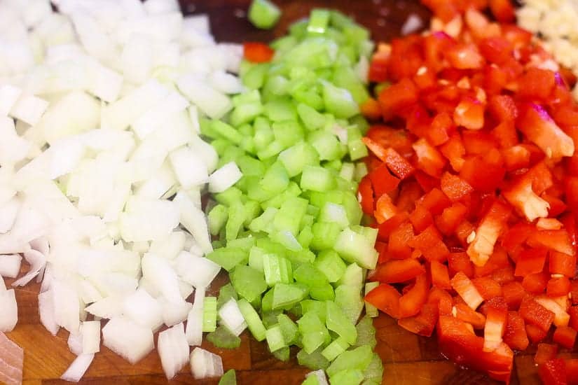 onions, celery, red peppers diced