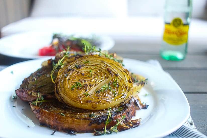 jerk marinated roasted onions topped with fresh thyme
