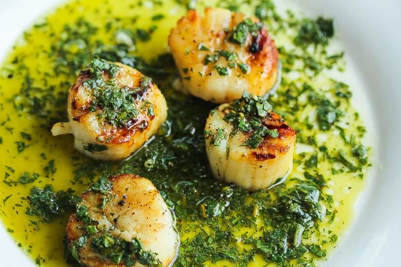 grilled scallops topped with salsa verde