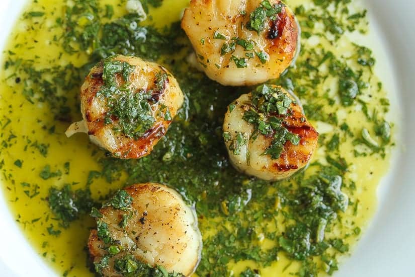grilled scallops topped with salsa verde
