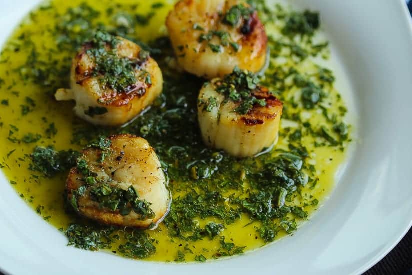 grilled scallops topped with salsa verde