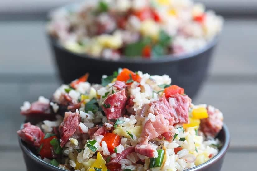 smoked brisket and coconut fried rice in a bowl