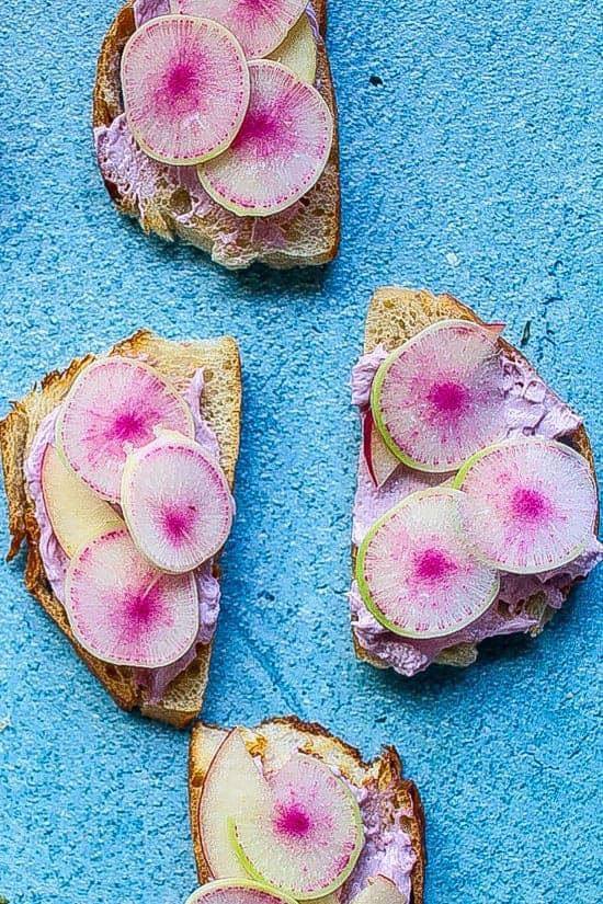 watermelon radish toast with peaches and cream cheese