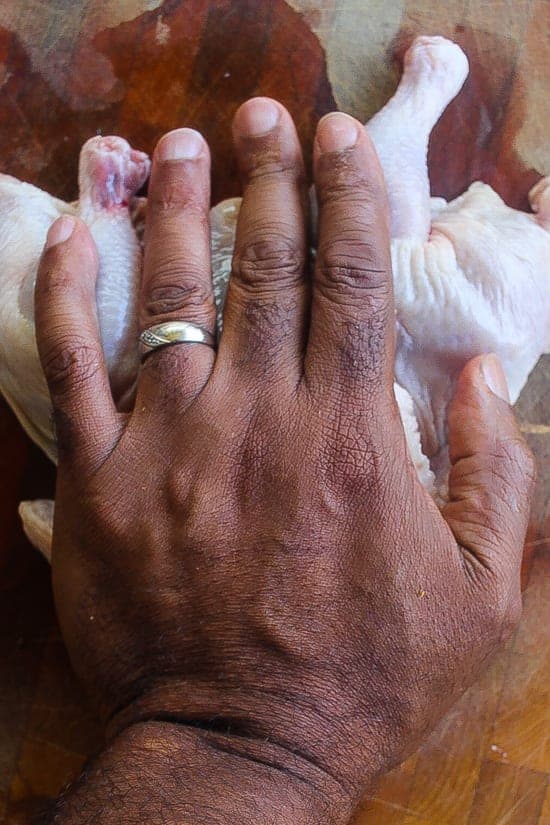hand pressing down on cornish hen