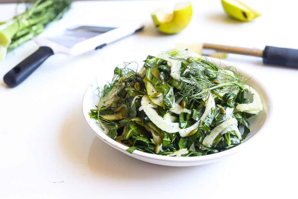 fennel salad with ripe pears and collard greens