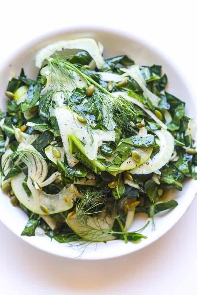 fennel salad with ripe pears and collard greens