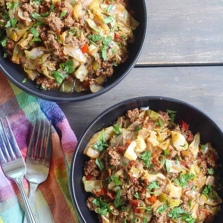 quick and easy beef cabbage stir fry in a black bowl