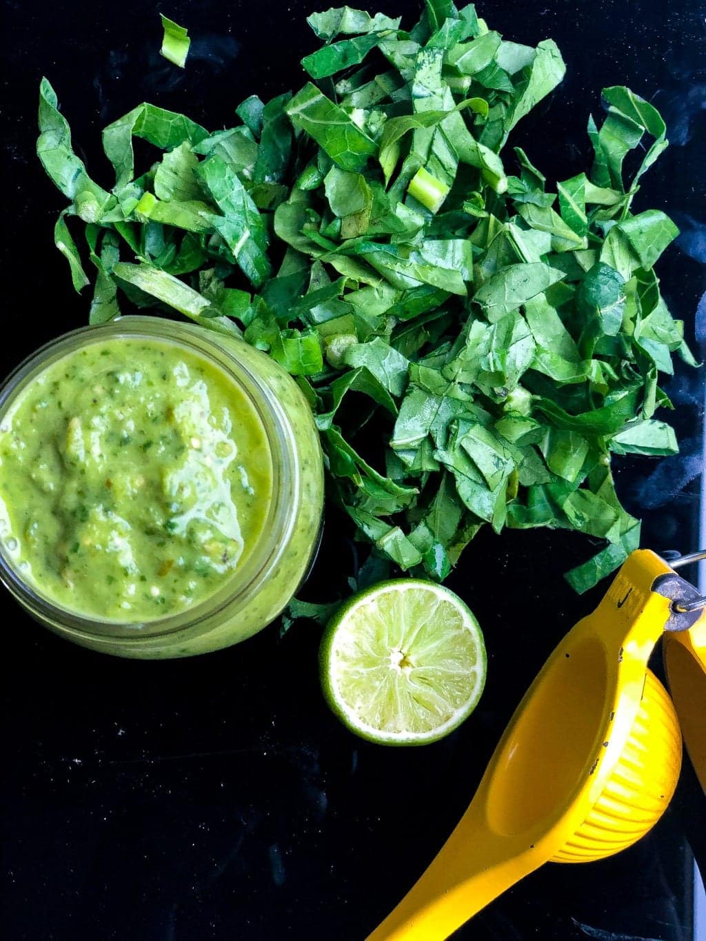 healthy collard greens recipe for salsa verde in a large jar