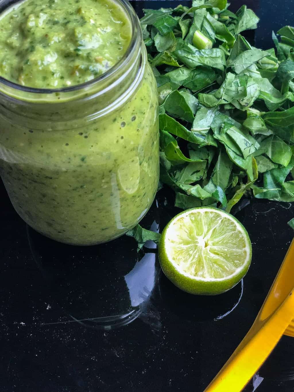 healthy collard greens recipe for salsa verde in a large jar