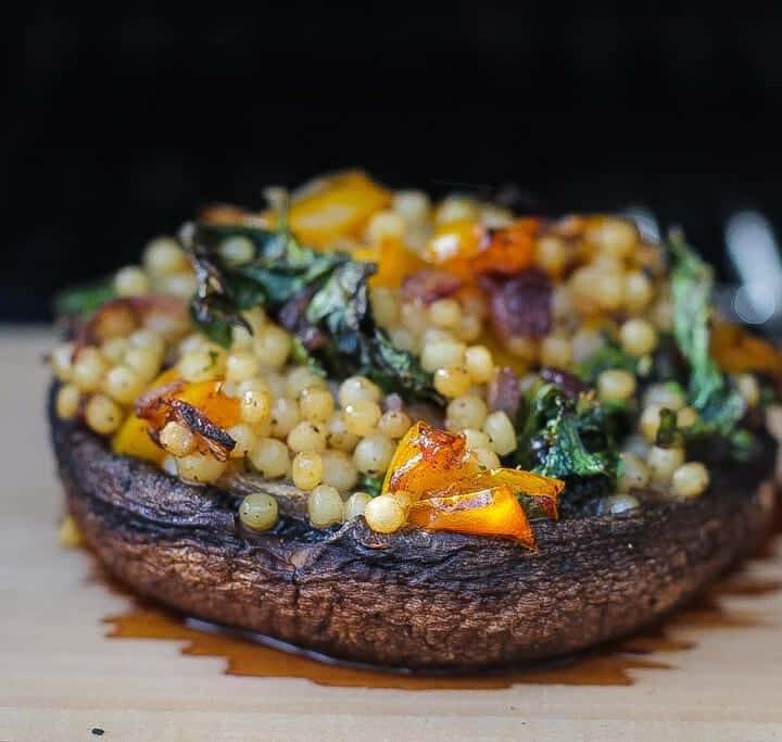 smoked stuffed mushrooms with kale and couscous