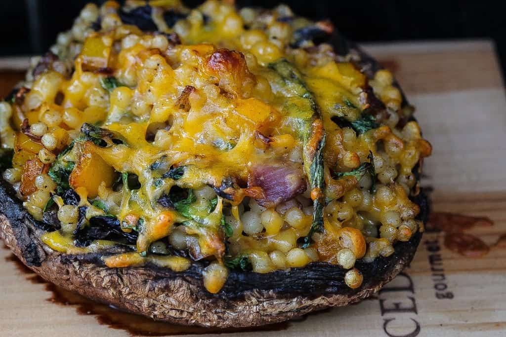 smoked stuffed mushrooms with kale and couscous