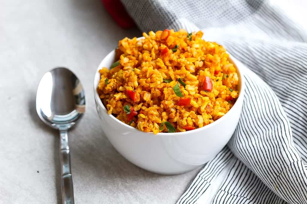 Jollof rice in a bowl