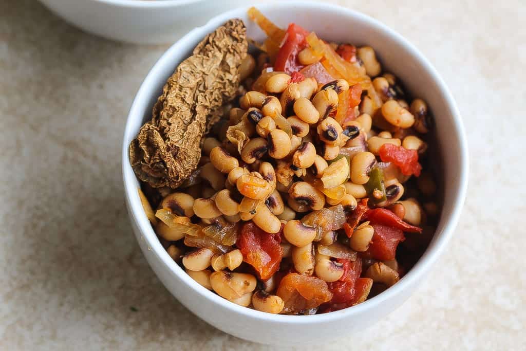 meatless instant pot black eyed peas recipe in a white bowl