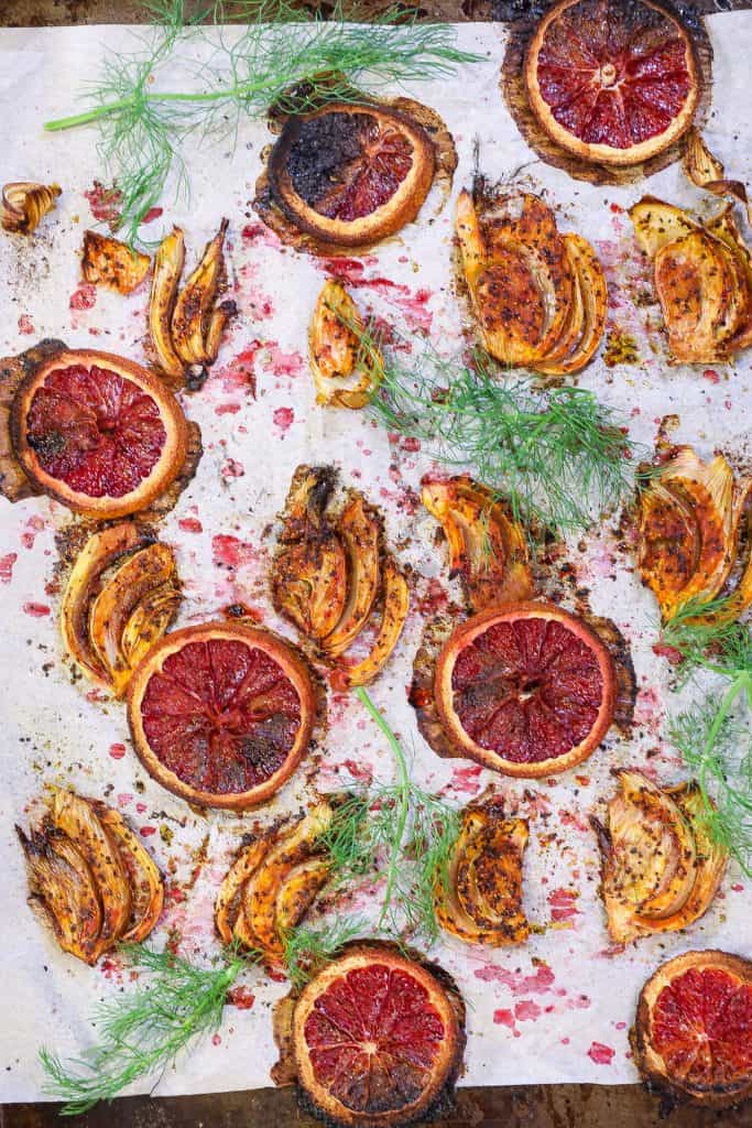 roasted fennel and blood orange on baking sheet