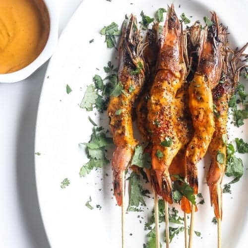 Grilled Shrimp Skewers with West African Peanut Sauce