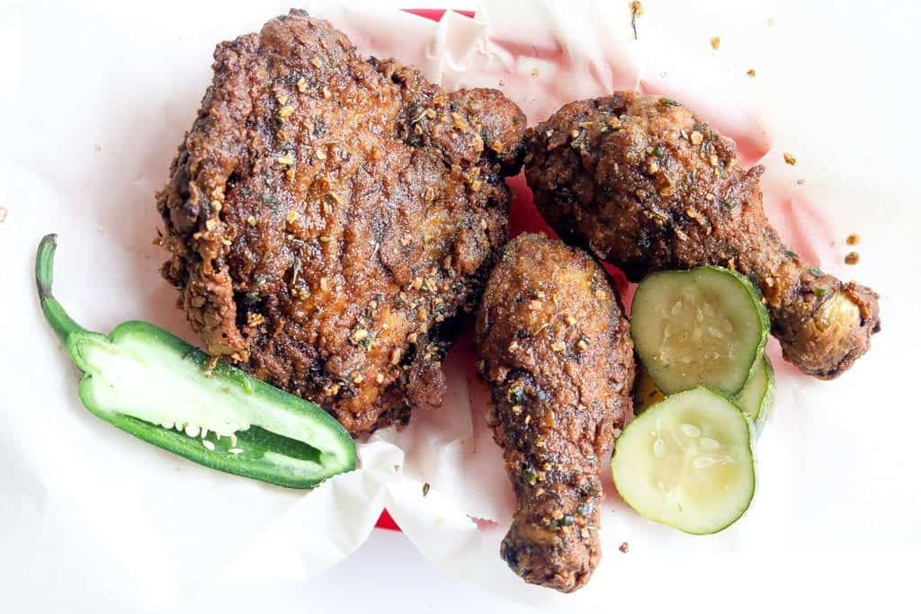 spicy jerk fried chicken in a basket