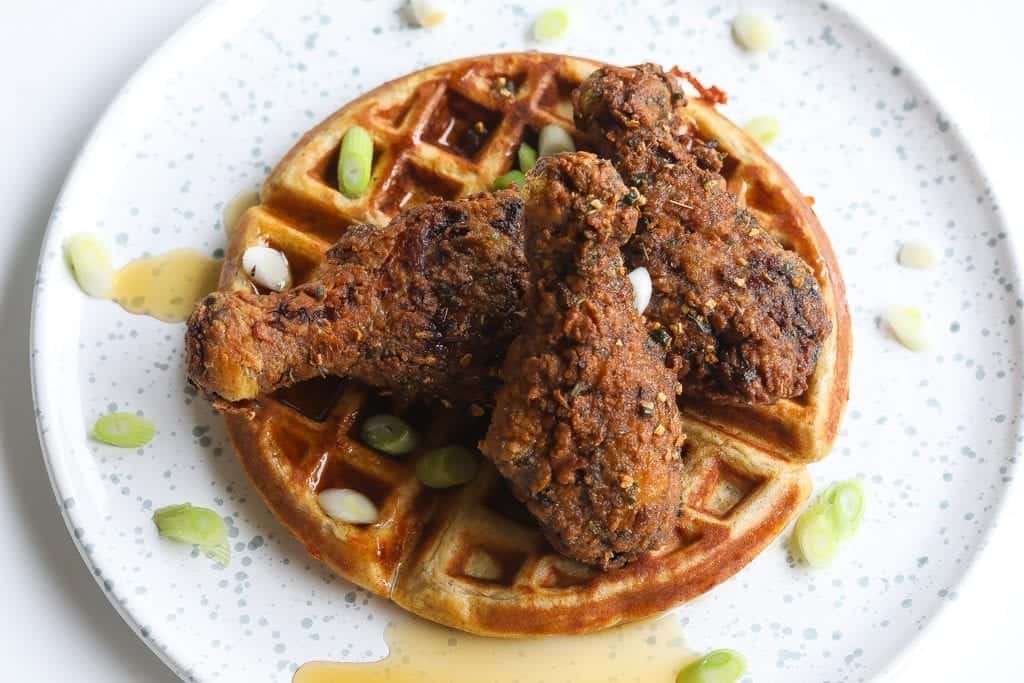 spicy southern fried jerk chicken with waffles