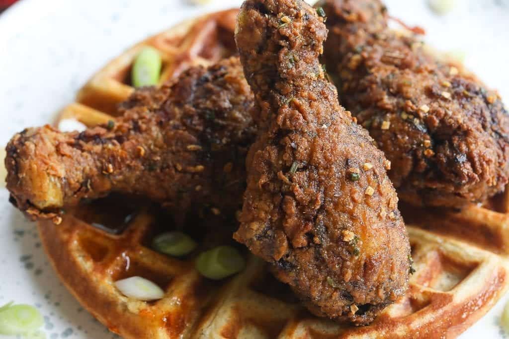 spicy southern fried jerk chicken with waffles