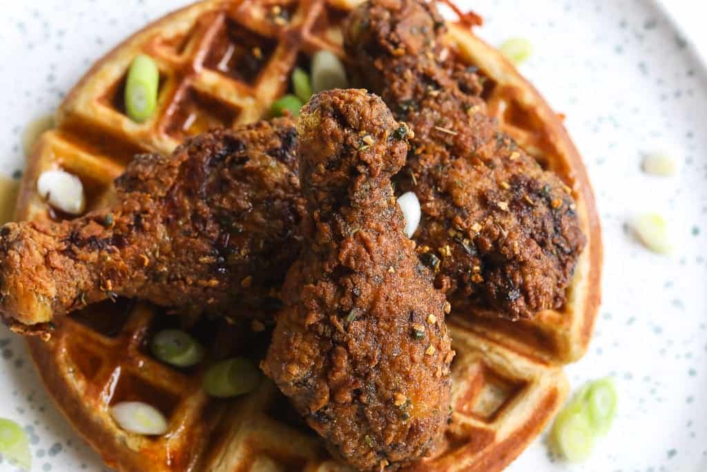 spicy southern fried jerk chicken with waffles