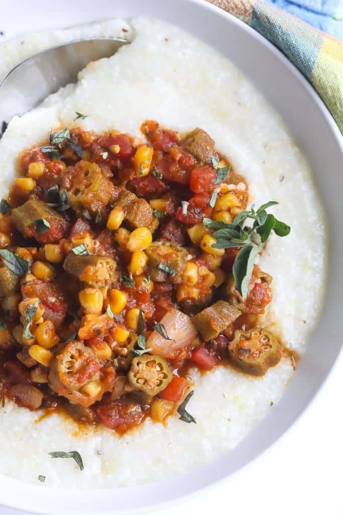 stewed okra and tomatoes served over grits