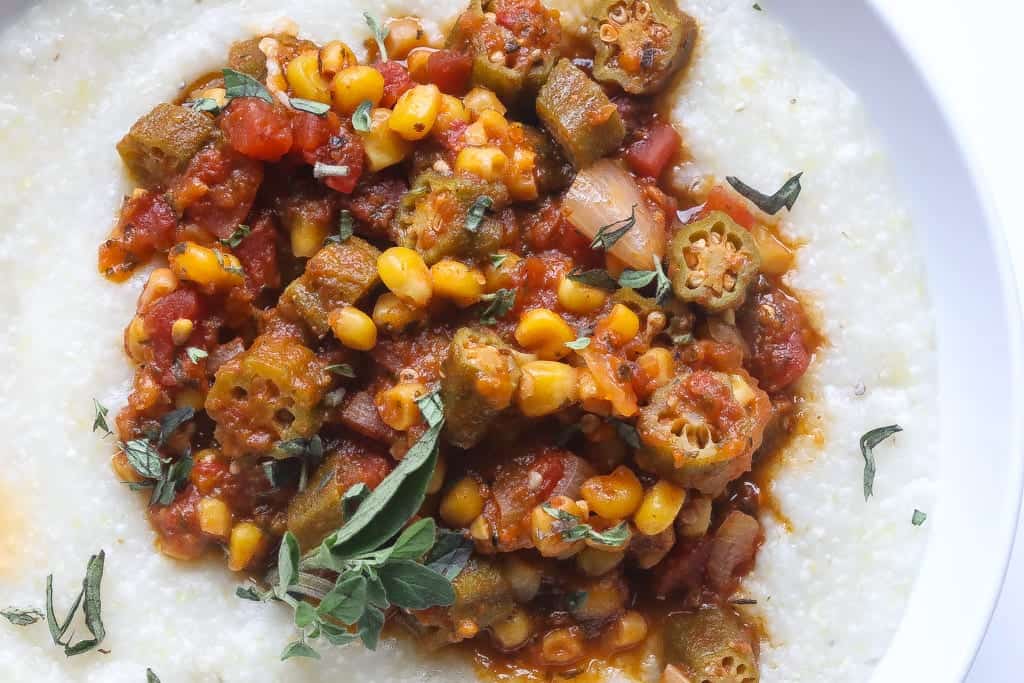 stewed okra and tomatoes served over grits