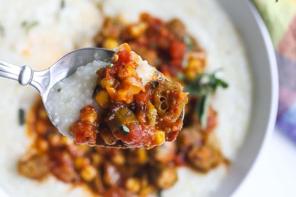 stewed okra and tomatoes served over grits